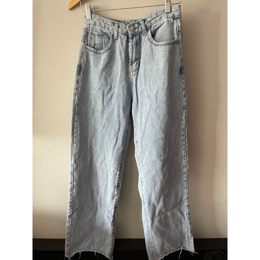 Princess Polly Light Wash High Rise Straight Leg Raw Hem Jeans Blue US 2